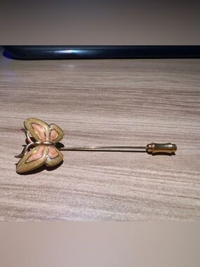 Gold Tone Butterfly Stick Pin with Pink Enamel
